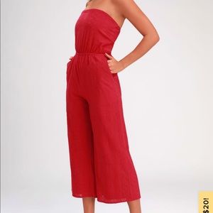 Red embroidered strapless jumpsuit
